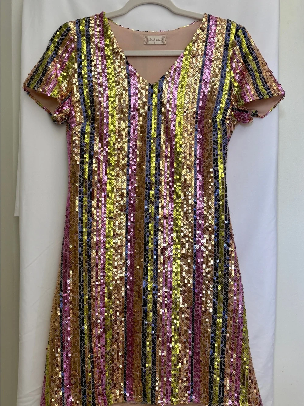 Altar'd State Pink Gold Green Striped Sequin Mini Dress